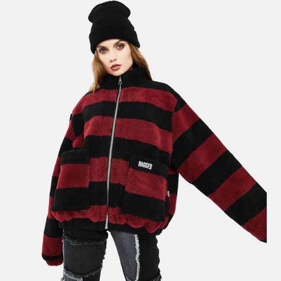 The Ragged Priest Jackets & Blazers - THE RAGGED PRIEST Striped Zip Up Sherpa Teddy Jacket Coat Pockets Red Black XS